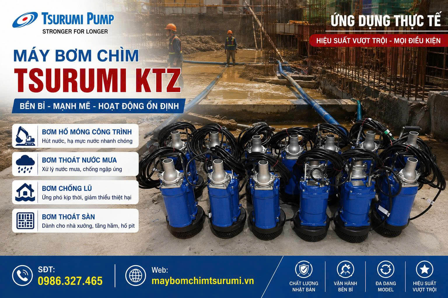 Máy bơm chìm Tsurumi KTZ bơm hố móng công trình